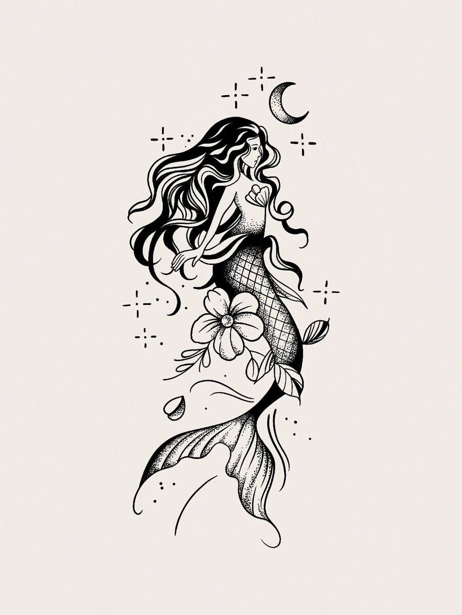 1 Pieza Tatuaje Temporal De Media Manga Realista De Sirena - Negro - Ver 1