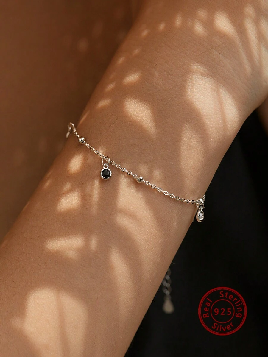 1入組簡約豪華s925純銀圓珠與人造鏈手鍊,適用於女士日常佩戴