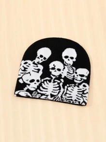 1pc Men's Personalized Skull Print Color Block Jacquard Beanie Hat, Suitable For Daily Wear In Autumn And Winter Street Halloween - Black and White - View 4