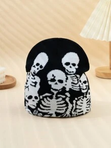 1pc Men's Personalized Skull Print Color Block Jacquard Beanie Hat, Suitable For Daily Wear In Autumn And Winter Street Halloween - Black and White - View 3