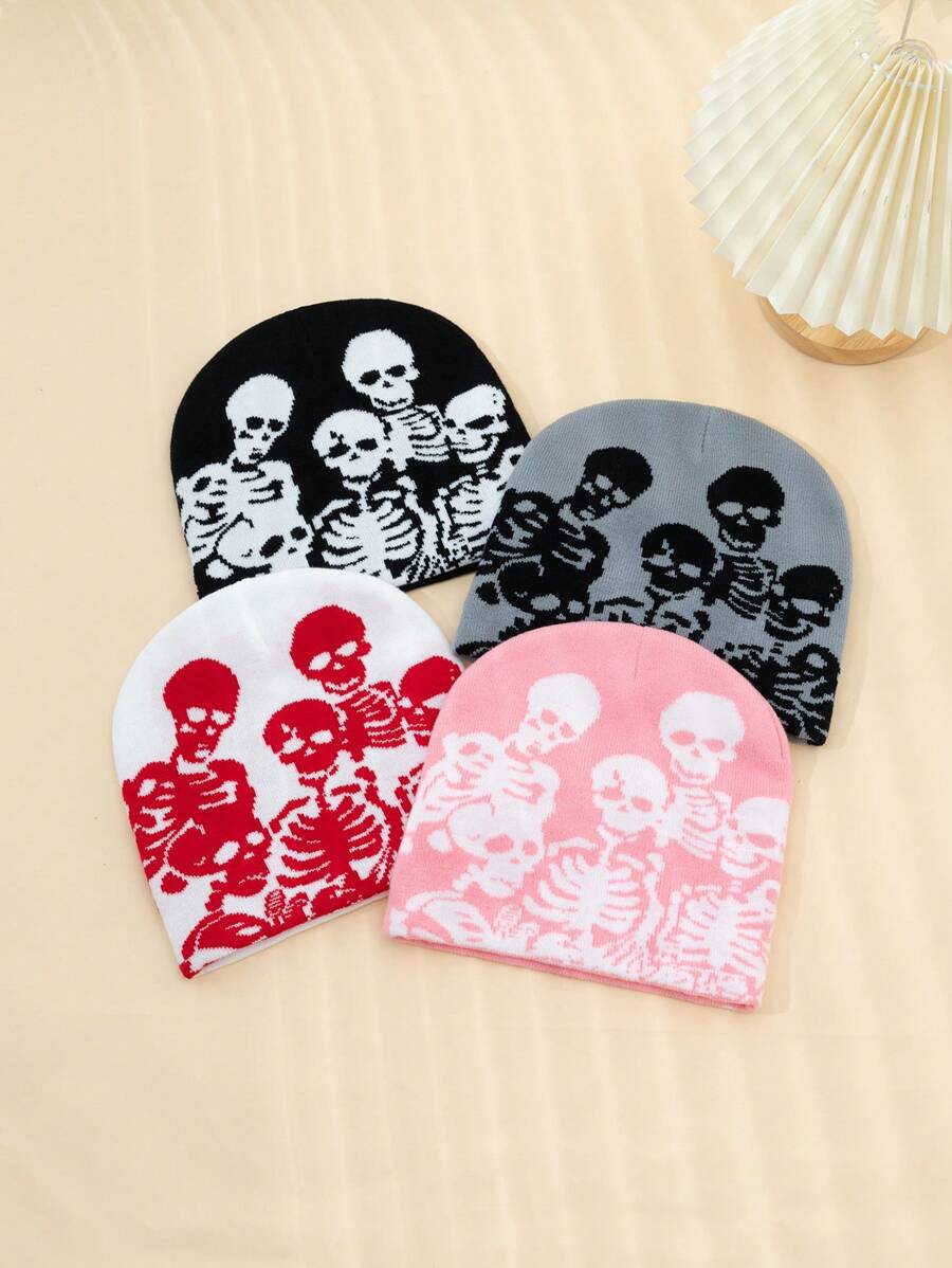 1pc Men's Personalized Skull Print Color Block Jacquard Beanie Hat, Suitable For Daily Wear In Autumn And Winter Street Halloween - Black and White - View 1
