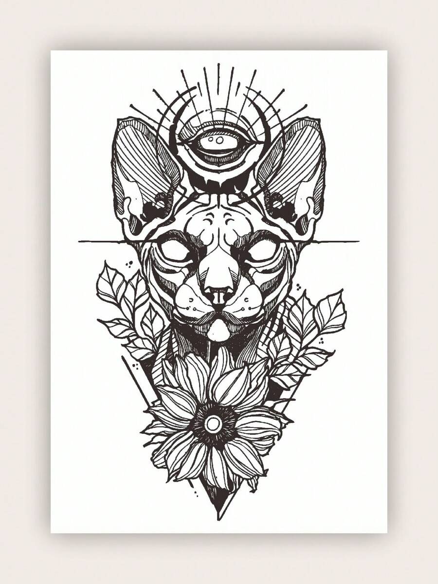 1 Peça Tatuagem Temporária De Manga Curta De Gato Sem Pelo Realista - Preto - Visão 1