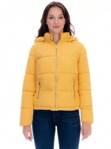 Chamarra Corta Acolchada Para Mujer Con Capucha Desmontable - Amarillo - Ver 1