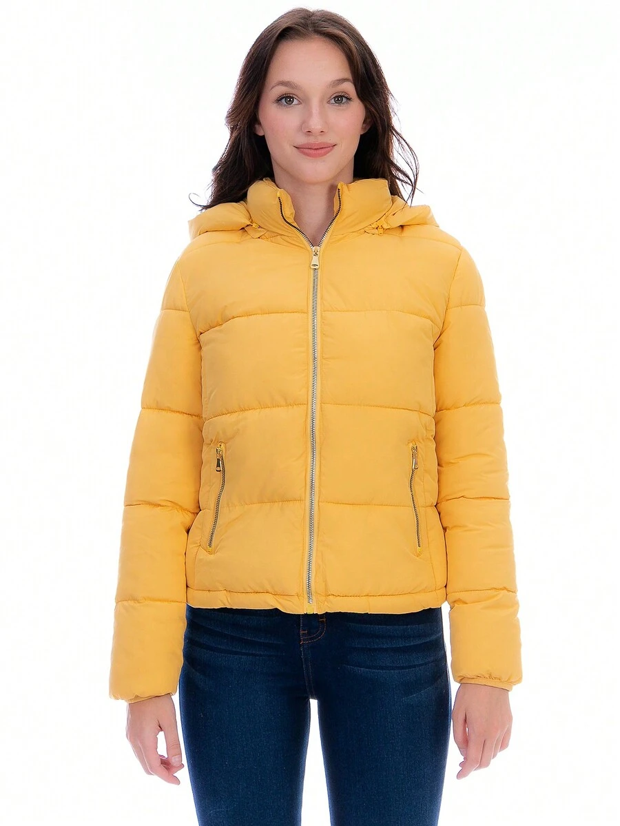 Chamarra Corta Acolchada Para Mujer Con Capucha Desmontable - Amarillo - Ver 1