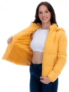 Chamarra Corta Acolchada Para Mujer Con Capucha Desmontable - Amarillo - Ver 5