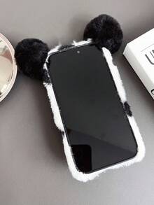 1個秋冬款毛絨心形熊貓設計手機殼,適用於蘋果/三星/小米/紅米/oppo/vivo/moto等品牌設備