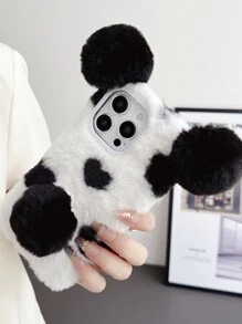 1個秋冬款毛絨心形熊貓設計手機殼,適用於蘋果/三星/小米/紅米/oppo/vivo/moto等品牌設備