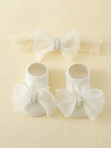 1對寶寶白珍珠蝴蝶結防滑地板襪 + 1入寶寶髮箍 - 白色 - 查看 1