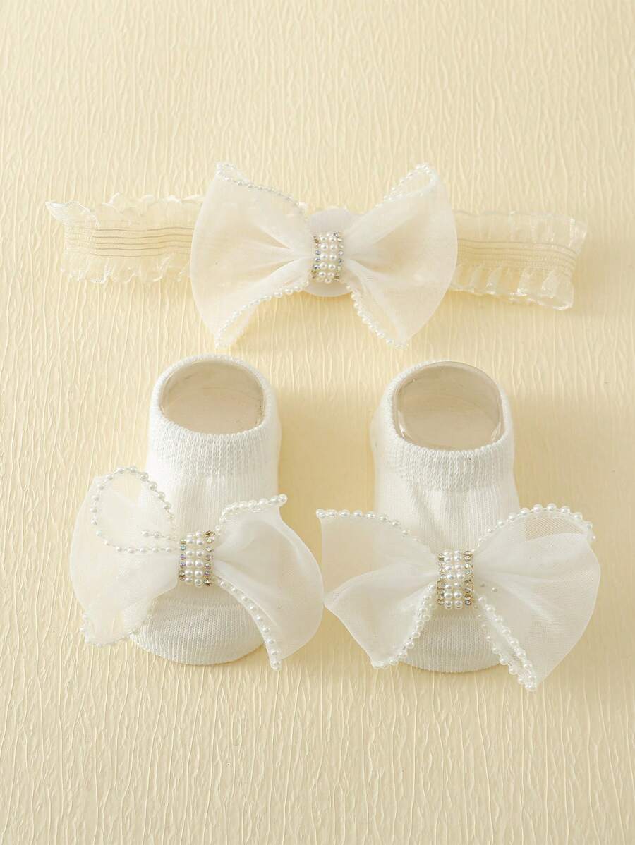 1對寶寶白珍珠蝴蝶結防滑地板襪 + 1入寶寶髮箍 - 白色 - 查看 1