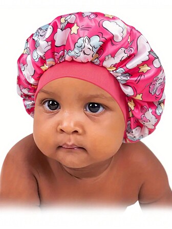 Awegeo 1pc Children Printed Bonnet Hat, Narrow Brim Elastic Satin Smooth Fabric Comfortable Sleeping Hat