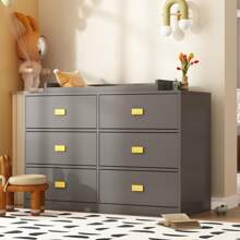 Large Modern Wood Nursery Storage Dresser Chest with Wide Table Top & 6 Drawers, Wide Storage Space Functional Organizer