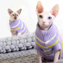 1pc Knitted Striped Collar & Cuff Pet Sweater, Breathable & Skin-friendly & Non-sticky Fur, Suitable For Pet Dressing-up - Purple - View 3