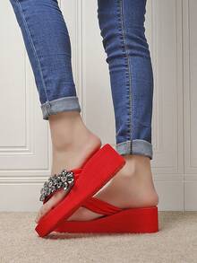 女士休閒時尚高跟鞋,帶有鑽石磚裝飾和閃亮拖鞋 - 紅色 - 查看 3