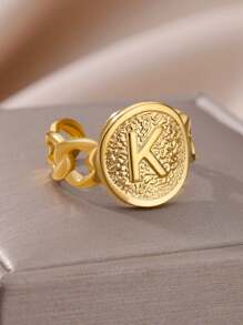 1入組不鏽鋼字母印章戒指,男女均適用的鍊環字母名字戒指 - 金黃色 - 查看 1