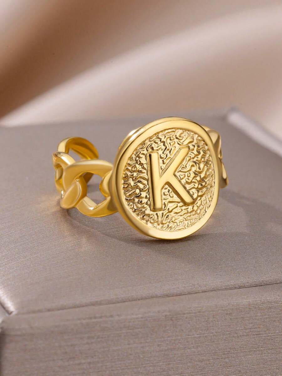 1入組不鏽鋼字母印章戒指,男女均適用的鍊環字母名字戒指 - 金黃色 - 查看 1