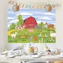 1個農場動物主題的橫幅背景布,可愛的農場風格聚會用品,帶有豬、牛、羊、小樹的圖片,適用於室內/室外生日牆壁裝飾 - 彩色 - 查看 6