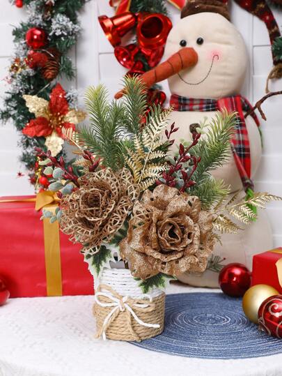 1PC 33CM (H) 人造仿真万圣节玫瑰与金色婚礼果枝，适用于婚礼插花装饰、圣诞派对、万圣节派对、餐桌中心装饰、万圣节风格、农场、家庭窗盒、卧室、客厅、壁炉装饰、万圣节主题餐厅、家具部、咖啡店装饰、商店橱窗