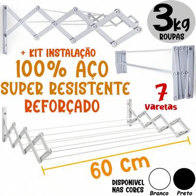 Varal Sanfonado Retrátil Parede Aço 60 cm Aço Preto ou Branco Secalux
