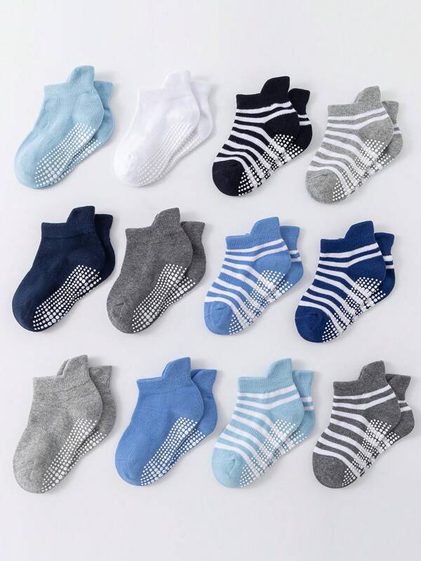 12 Pairs Kids' Unisex Black White Gray Basic Slip-proof Athletic Socks With Cushioned Soles For Trampolining And Floor Exercises