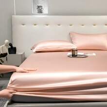 1pc Solid Color Sky Blue Satin Fitted Sheet - Dusty Pink - View 3
