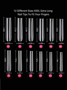 Long Square Acrylic Fake Clear Nail Tips Set, 240Pcs Full Cover Artificial False Nails Tips Kit Press On Nails, 12 Sizes French Nail Tips For DIY Nails Salon At Home Hose Press-On Nails Artificial Press-On Nails Nail Supplies