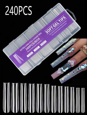 240pcs Full Cover Transparent Acrylic False Nail Tips Set, 12 Sizes French Manicure Artificial Nails, Suitable For DIY Home Nail Salon, Soft Tube Press-On Nails, Nail Art Supplies