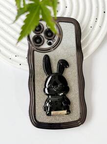 兔子電鍍手機殼，帶有防震電鍍支架+閃光卡貼+隱藏式支架，最新款型，適用於蘋果，三星，小米，OPPO，VIVO，Infinix，適用於iPhone 11/12/13/14/15 Pro Max，Samsung S22/23/24+UA 04/A05/A14/A15/A24/A25/A34/A54S，小米，OPPO，VIVO，紅米13c G，紅米Note 13c/12/11PRO - 黑色 - 查看 1