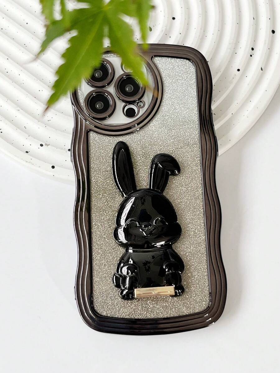 兔子電鍍手機殼，帶有防震電鍍支架+閃光卡貼+隱藏式支架，最新款型，適用於蘋果，三星，小米，OPPO，VIVO，Infinix，適用於iPhone 11/12/13/14/15 Pro Max，Samsung S22/23/24+UA 04/A05/A14/A15/A24/A25/A34/A54S，小米，OPPO，VIVO，紅米13c G，紅米Note 13c/12/11PRO - 黑色 - 查看 1