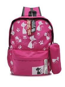 Youth Backpack Modern Design With Purse Cat White Point Backpack, School Backpack - 玫瑰紅 - 查看 1