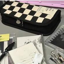 1PC  Large Capacity Pencil Case: Checkerboard Lattice Design, Canvas Multifunctional Pencil Bag for Students - Black and White - View 4