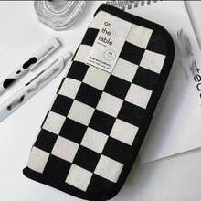 1PC  Large Capacity Pencil Case: Checkerboard Lattice Design, Canvas Multifunctional Pencil Bag for Students - Black and White - View 1