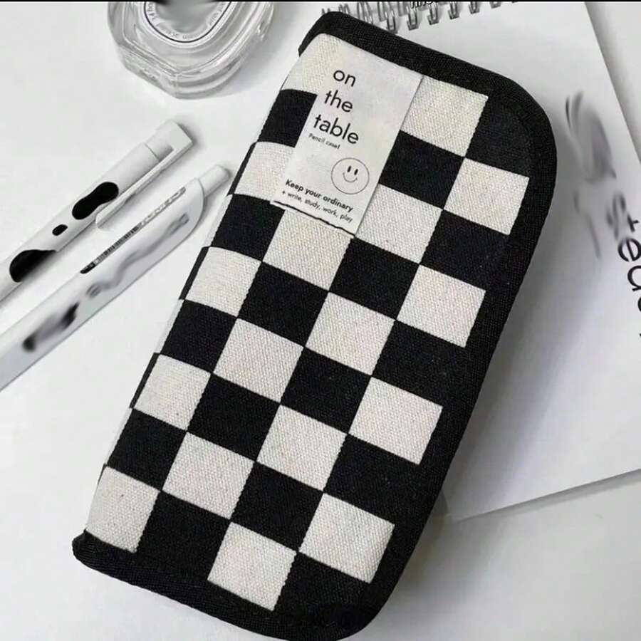 1PC  Large Capacity Pencil Case: Checkerboard Lattice Design, Canvas Multifunctional Pencil Bag for Students - Black and White - View 1