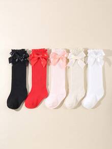 5對寶寶女孩純色蝴蝶結過膝高筒襪 - 彩色 - 查看 2