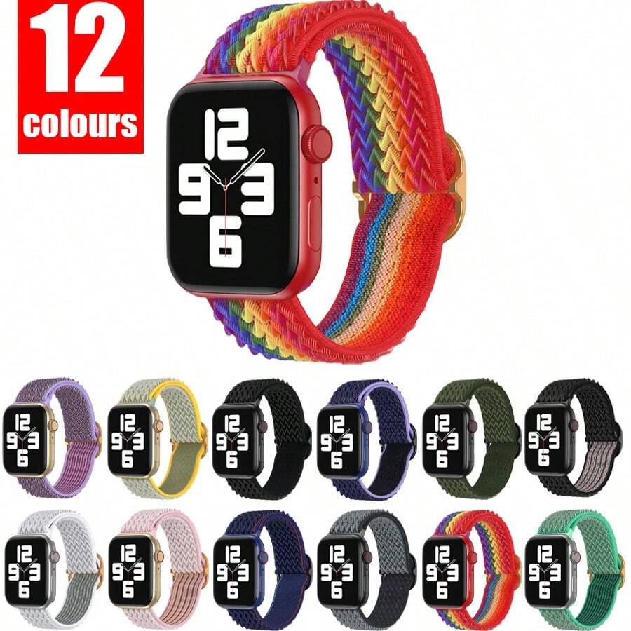 12 Colors Braided Nylon Apple Watch Band, Soft And Stylish Watch Strap Compatible With Apple Watch Series Se/6/5/4/3/2/1, Unisex Watch Accessory Compatible With Apple Watch 38/40/41 (130mm-205mm) And 42/44/45 (135mm-235mm) - Rainbow - View 1
