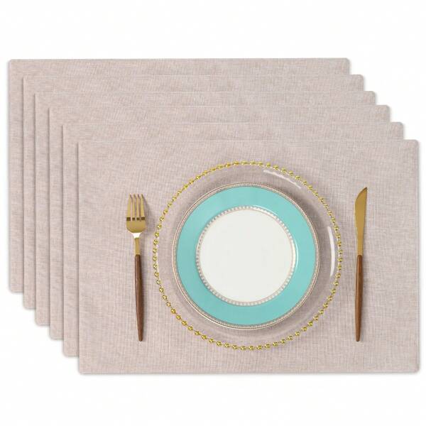6pcs Linen Fabric Placemats, Double-layered, Washable, Solid Color, Natural Texture, Slip-resistant, Heat-insulated. Great For Parties, Restaurants And Home Use. Easy To Clean. (48cm X 33cm, 6pcs, Natural Linen Color)