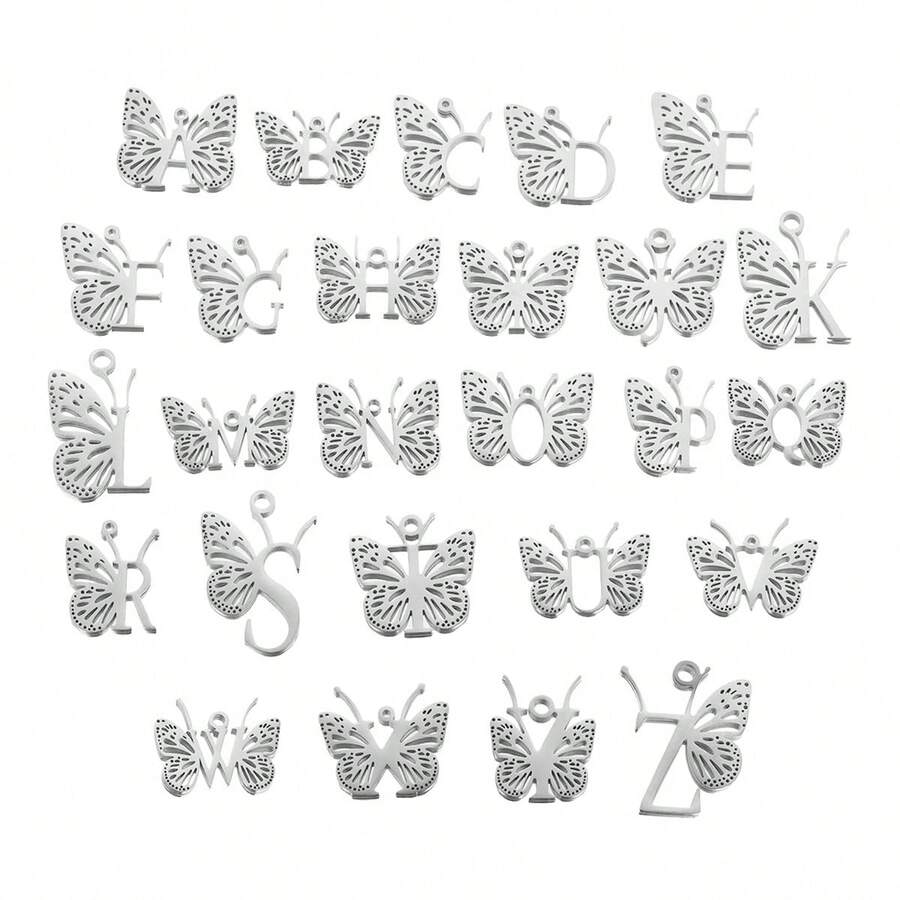 1件/單元不鏽鋼蝴蝶式字母a-z字母吊墜手鍊吊墜diy珠寶配件手鍊吊饰 - 銀色 - 查看 1