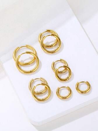 5pairs/set Gold Tone Stainless Steel Simple & Fashionable Women's Earrings (s,m,l Sizes), Suitable For Daily Wear