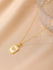 1入組金色色調不銹鋼鏈條樣式項鍊帶18K金電鍍,多用途白色貝殼&水鑽鑲嵌方形盤子&Love設計復古&可愛吊墜流行&簡約風街頭風中性情侶項鍊適用於派對和日常休閒穿戴 - 金黃色 - 查看 3