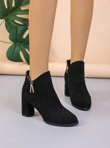 Botines Cortos De Tacón Grueso De Punta Estrecha Con Diamantes De Imitación Para Mujer, Botas De Tacón Alto De Moda - Negro - Ver 3