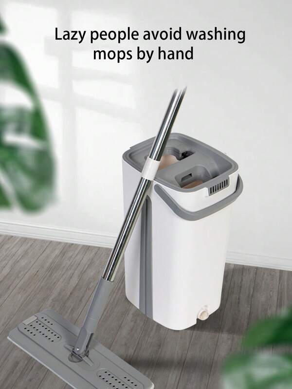 1pc Dry & Wet Mop, Hands-Free Slouchy Flat Mop Set, 1 Scrape Bucket, 1 Mop Handle, 2 Mop Pads, Home Absorbent Flat Mop