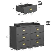 Large Modern Wood Nursery Storage Dresser Chest with Wide Table Top & 6 Drawers, Wide Storage Space Functional Organizer