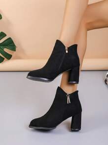 Botines Cortos De Tacón Grueso De Punta Estrecha Con Diamantes De Imitación Para Mujer, Botas De Tacón Alto De Moda - Negro - Ver 2