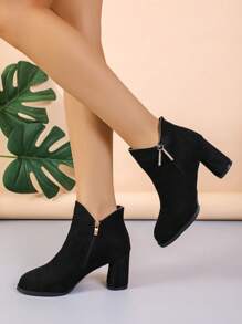 Botines Cortos De Tacón Grueso De Punta Estrecha Con Diamantes De Imitación Para Mujer, Botas De Tacón Alto De Moda - Negro - Ver 4