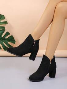 Botines Cortos De Tacón Grueso De Punta Estrecha Con Diamantes De Imitación Para Mujer, Botas De Tacón Alto De Moda - Negro - Ver 1