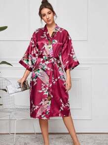 1pc Peacock Print Long Women's Bathrobe - Rose Red - View 4