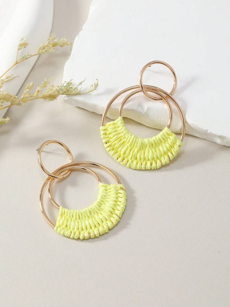 1 paire de boucles d'oreilles rondes à la mode, tissées à la main en raffia ivoire blanc, rose, violet, bleu, vert, jaune fluo de style bohème-style vacances convenant pour porter tous les jours - Multicolore - Voir 2