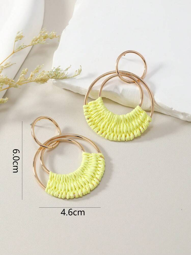 1 paire de boucles d'oreilles rondes à la mode, tissées à la main en raffia ivoire blanc, rose, violet, bleu, vert, jaune fluo de style bohème-style vacances convenant pour porter tous les jours - Multicolore - Voir 3