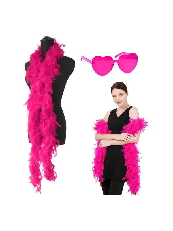 2 Pcs Set Hot Pink Feather Boa and Heart Glasses Fancy Dress Accessory