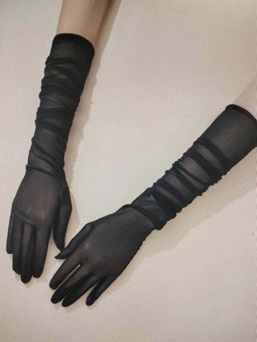 1 Pair Sheer Mesh Formal Gloves, Sexy & Fashionable For Weddings And Parties Halloweenwedding - Black - View 1