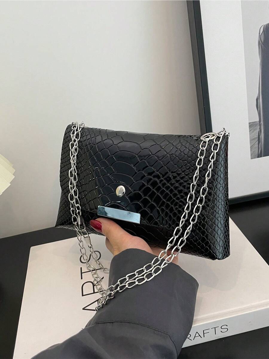 純色蛇紋極簡主義pu皮蓋子肩袋 - 黑色 - 查看 1